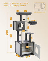 PETEPELA 56.7" Cat Tree with Litter Box Enclosure Large, Wood Cat Tower for Indoor Cats with Storage Cabinet and Cozy Cat Condo, Sisal Covered Scratching Post and Repalcable Dangling Balls, Black PETEPELA