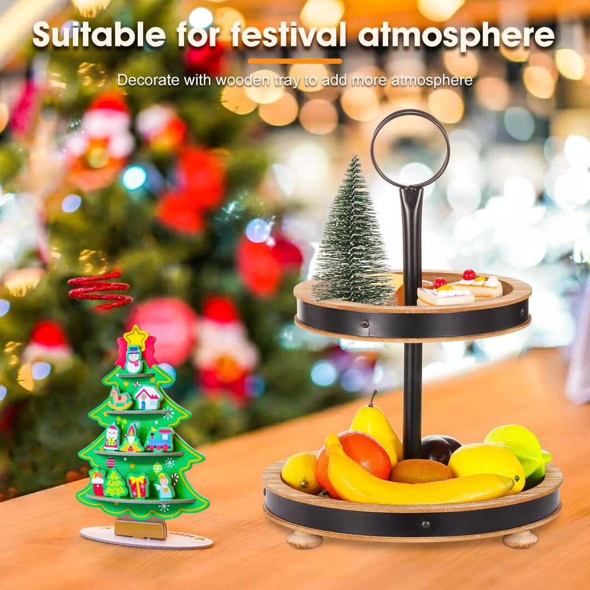 Urban Deco Wood Tiered Tray, 2-Tiered Tray Decorative Dessert Stand, Farmhouse 2 Tier Serving Tray with Metal Handle, Fruits Display Tray for Kitchen Counter, Living Room Table Urban Deco