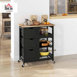 HOMCOM Rolling Kitchen Island Cart, Bar Serving Cart, Compact Trolley on Wheels with Wood Top, Shelves & Drawers for Home Dining Area, Black HOMCOM