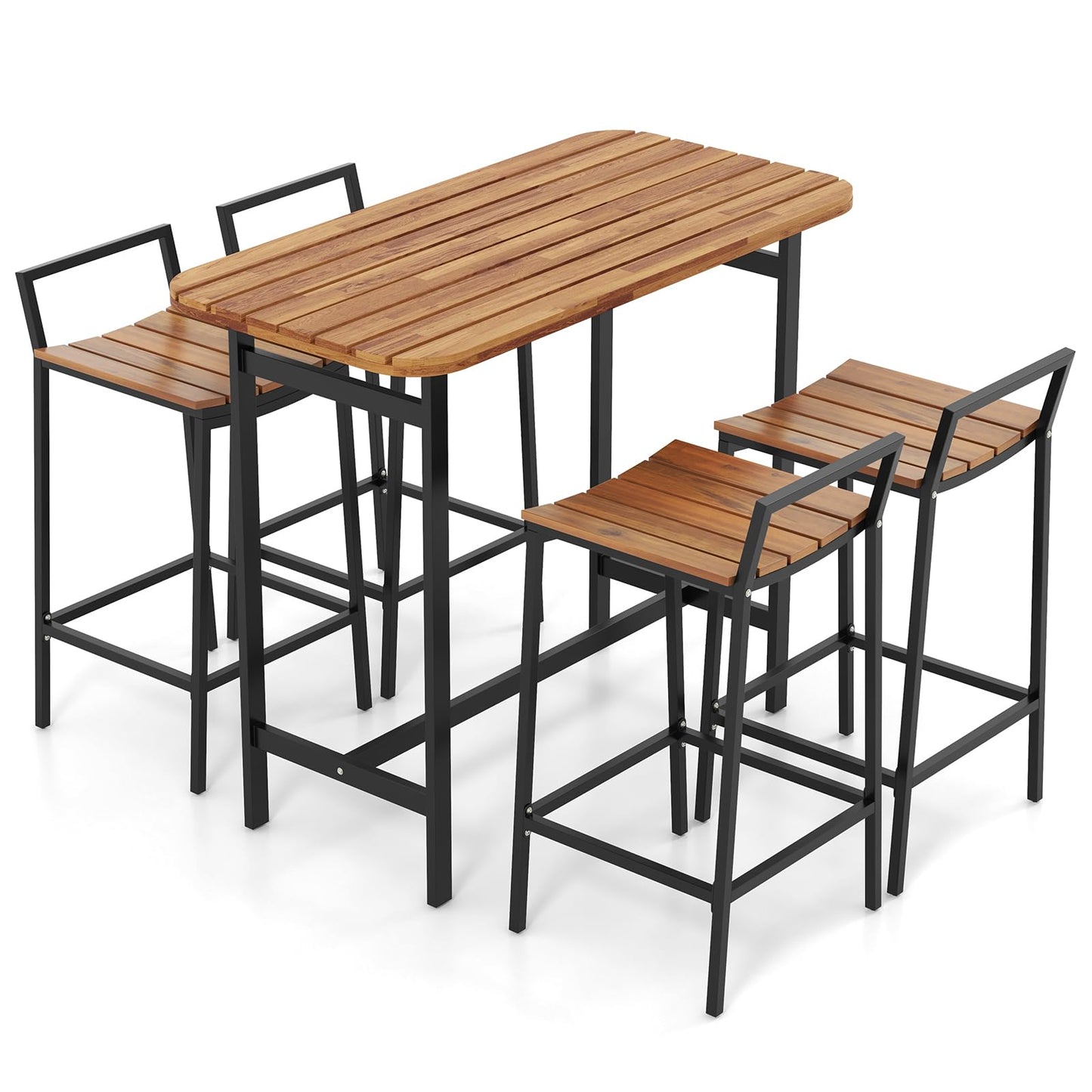 Tangkula 5-Piece Rustic Acacia Wood Outdoor Bar Set for Patio Dining and Relaxation