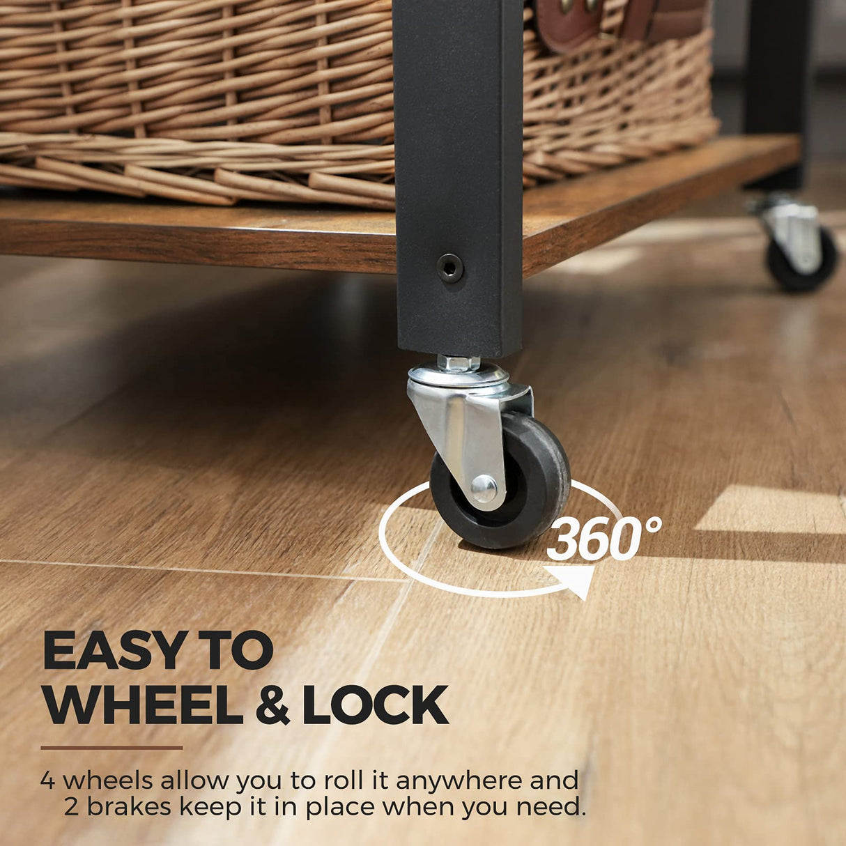 VASAGLE Kitchen Shelf on Wheels, Serving Cart with 3 Shelves, Kitchen Cart, Microwave Shelf, for Mini Oven, Toaster, with 6 Hooks, Industrial Style, Rustic Brown and Black UKKS60XV1 VASAGLE