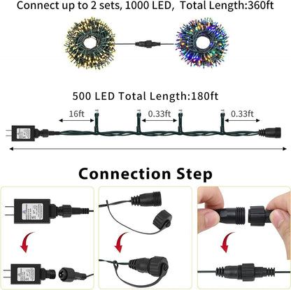 QUWIN Outdoor Christmas String Lights, 180Ft 500 LED UL Certified 11 Lighting Modes, Indoor & Outside Christmas Tree Lights for Christmas Tree, Patio, Holidays, Party ﻿