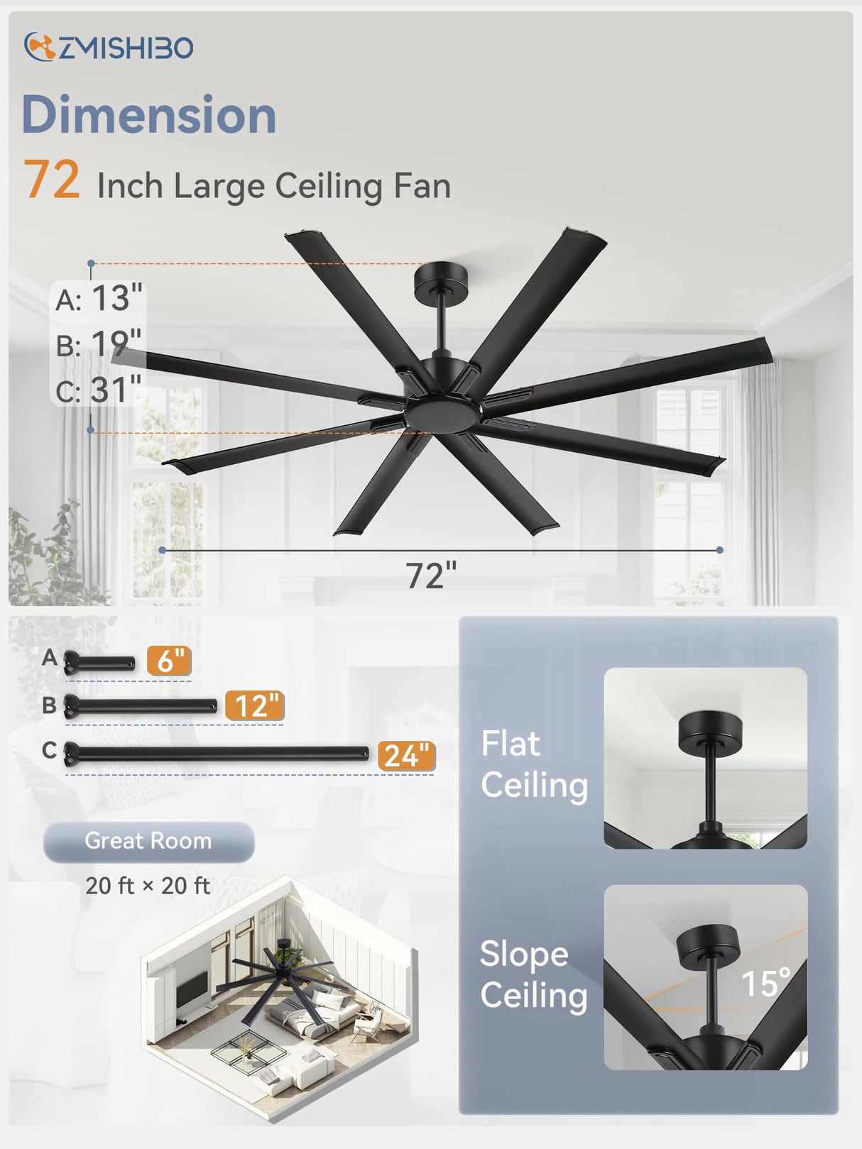ZMISHIBO 72 Inch Ceiling Fan No Light, Large Black Ceiling Fan with Remote, Quiet DC Motor, and 6 Speeds, Indoor/Outdoor Industrial Ceiling Fans 8 Aluminum Blades for Patio, Garage, Shop, Black ZMISHIBO