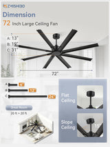 ZMISHIBO 72 Inch Ceiling Fan No Light, Large Black Ceiling Fan with Remote, Quiet DC Motor, and 6 Speeds, Indoor/Outdoor Industrial Ceiling Fans 8 Aluminum Blades for Patio, Garage, Shop, Black ZMISHIBO