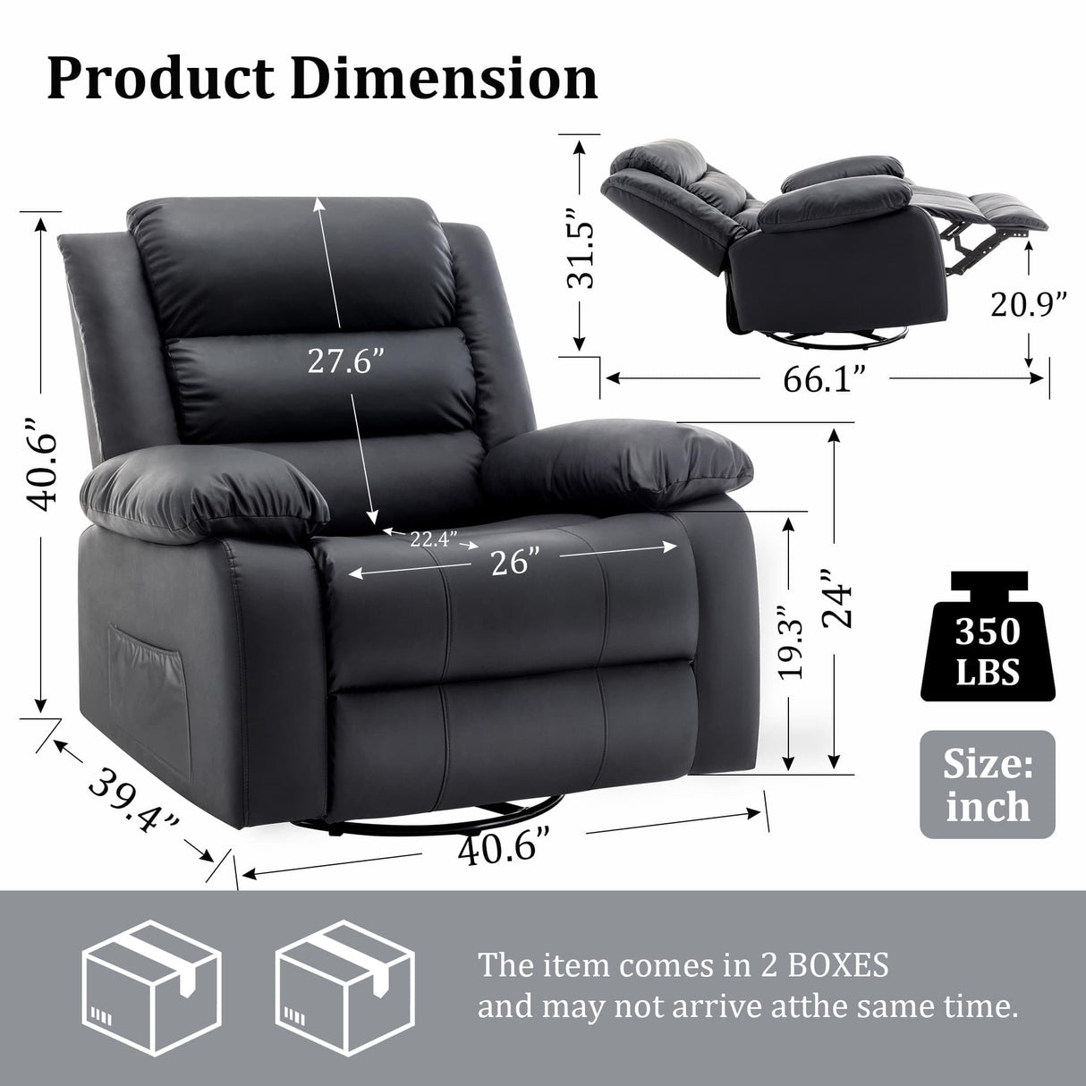 Recliner Chair, Wide Rocker Chair, Pet-Friendly Design, Large Rocking Chair with Massage and Heat,360°Swivel Nursery Rocking Chair, Oversized Recliner for Adults, Black Reclining Sofa for Living Room Korser