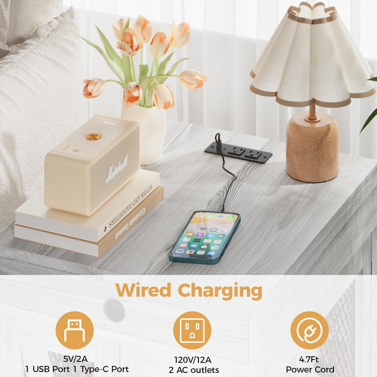 VOWNER Dog Crate Furniture, Wooden Dog Kennel End Table with USB Charging Station, Storage Drawer, Double Latched Door, Furniture-Style Crate Side Table for Small Dogs Under 25 lbs Indoor, Gray Pine VOWNER