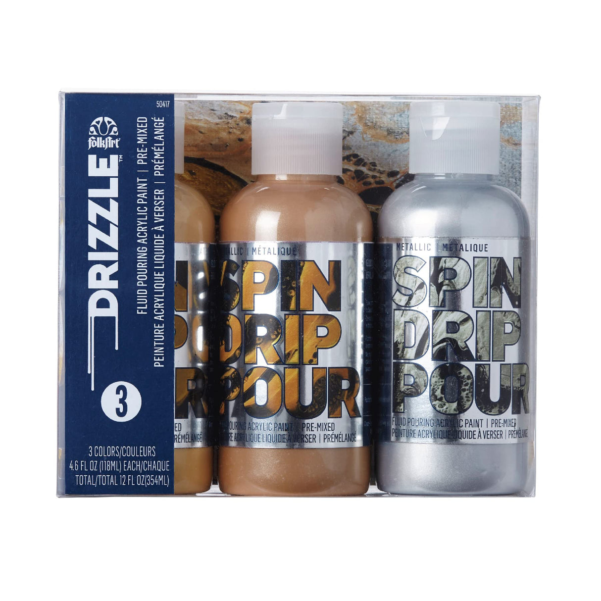 FolkArt, Mad Drizzle Metallics Pre-Mixed Acrylic Set, Set of 3 Premium High Gloss Finish Fluid Pouring Paints Perfect for Indoor & Outdoor Arts and Crafts Projects, 50417 FolkArt