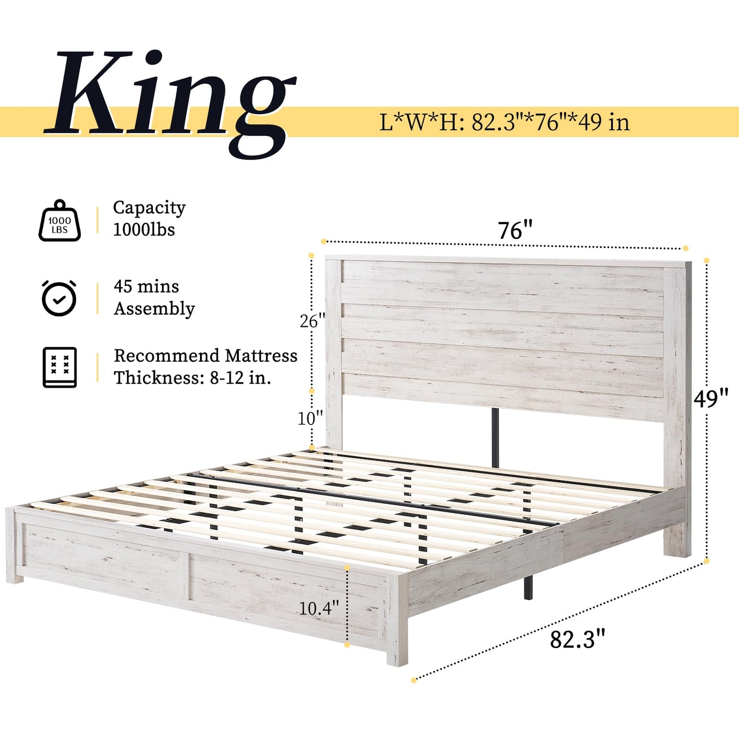 LUXOAK Farmhouse King Bed Frame with 49" Tall Headboard, Wooden Platform Beds with Hidden Metal Bed Frame, No Box Spring Needed, Distressed White