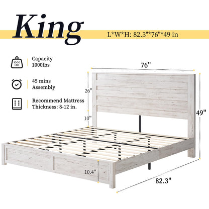 LUXOAK Farmhouse King Bed Frame with 49" Tall Headboard, Wooden Platform Beds with Hidden Metal Bed Frame, No Box Spring Needed, Distressed White