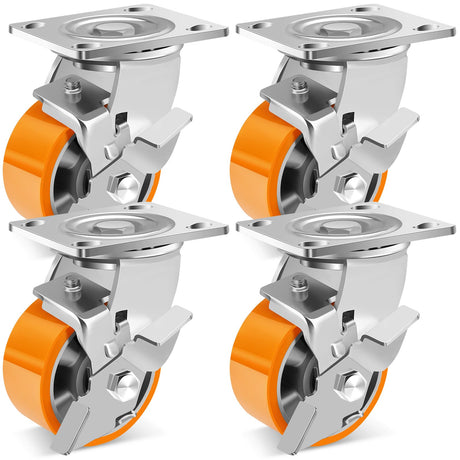 W B D WEIBIDA 4-Inch Industrial Grade Casters Wheels, Heavy Duty Casters Set of 4 with Brake 3200 Lbs, Maintenance-Free Polyurethane on Aluminum Wheels, Plate Swivel Casters for Machine, Workbench W B D WEIBIDA