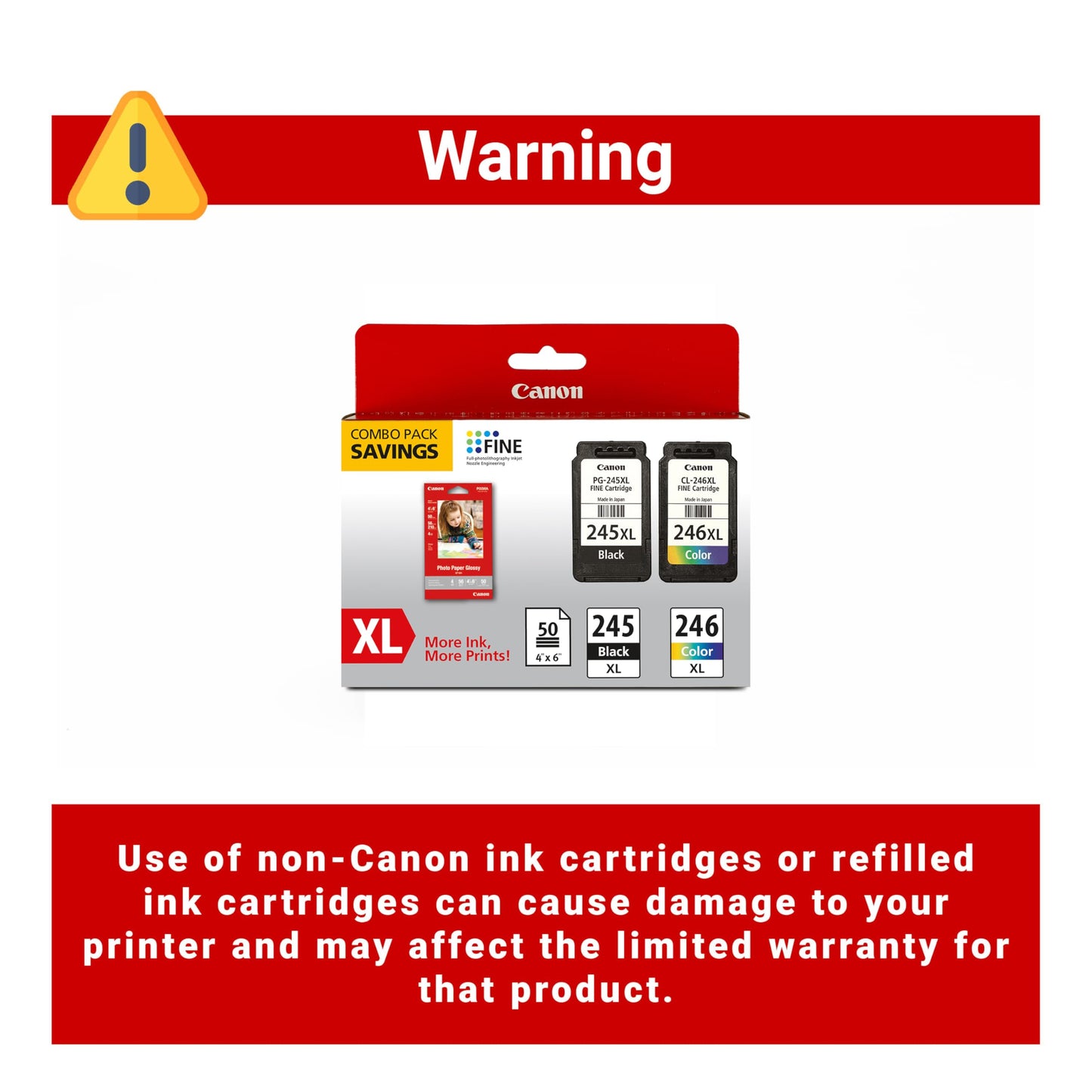 Canon PG-245 XL / CL-246 XL Genuine Ink Value Pack (2 Cartridges) with 50-Sheet Photo Paper, Compatible with iP2820, MG2420/2924/2920/3020/2522/2525, MX492, TS3120/302/302a/202/202a/4520/3320