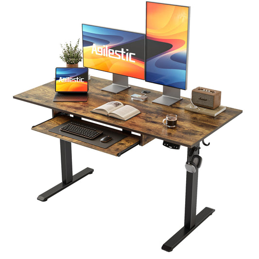 Agilestic Height Adjustable Desk with Keyboard Tray, 48 x 24 Inches Electric Standing Desk, Stand up Computer Table with Memory Preset, Modern Lift Motorized Gaming Workstation, Rustic Brown