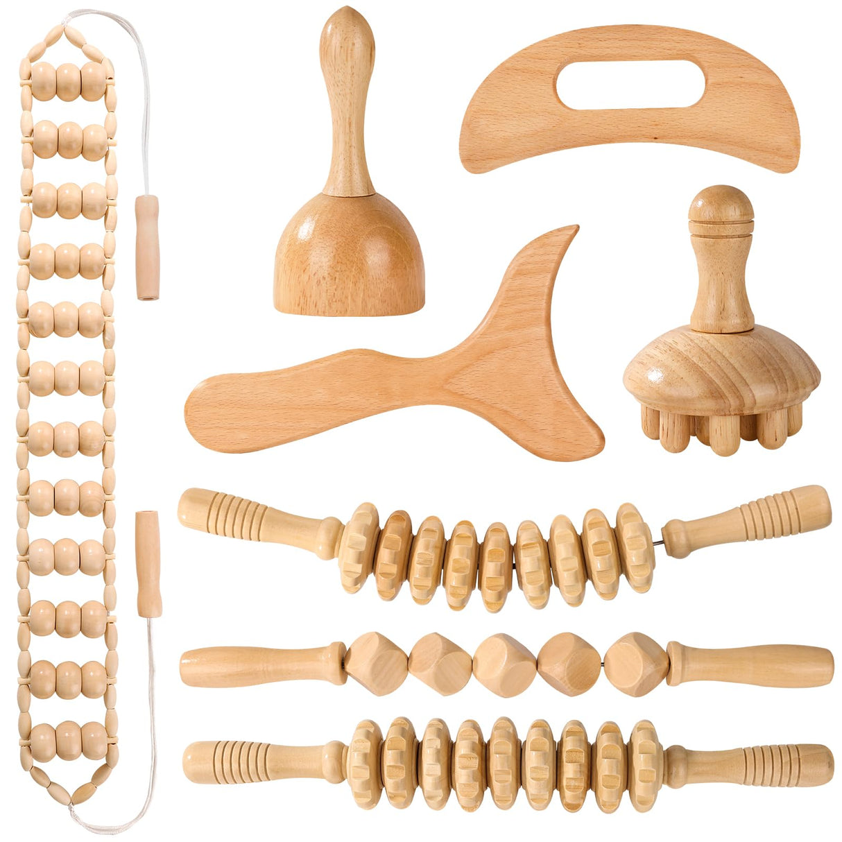 KQXTOKTY Wood Therapy Tools for Body Shaping,8 in 1 Wood Therapy Massage Tools,Wooden Gua Sha Tools,Lymphatic Drainage Massager,Maderoterapia kit,Wooden Massager Roller Rope for Body Shaping KQXTOKTY