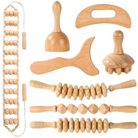 KQXTOKTY Wood Therapy Tools for Body Shaping,8 in 1 Wood Therapy Massage Tools,Wooden Gua Sha Tools,Lymphatic Drainage Massager,Maderoterapia kit,Wooden Massager Roller Rope for Body Shaping KQXTOKTY