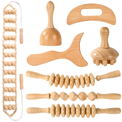 KQXTOKTY Wood Therapy Tools for Body Shaping,8 in 1 Wood Therapy Massage Tools,Wooden Gua Sha Tools,Lymphatic Drainage Massager,Maderoterapia kit,Wooden Massager Roller Rope for Body Shaping