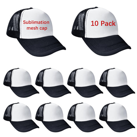 ORJ 10 Pack Unisex Sublimation Blank Mesh Baseball Cap Polyester Mesh Black and White Trucker Hat Bulk (US, Alpha, Medium, 3X-Large, Black and White) ORJ