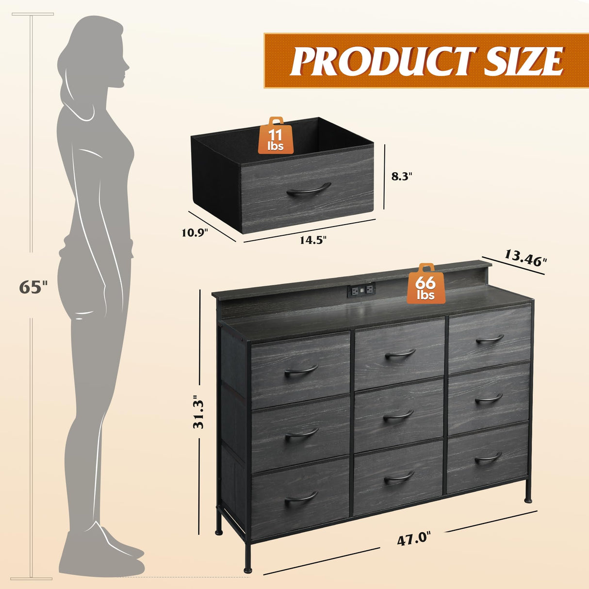 WLIVE Led Dresser for Bedroom, Wide Black Dresser TV Stand for Bedroom with LED Lights and Power Outlet, Chest of Drawers for Clothing, 9 Fabric Drawers and Wood Top for Living Room, Entryway WLIVE