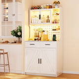 MDGC White LED Kitchen Pantry Cabinet with Charging Station, Adjustable Shelves, and Hooks for Versatile Storage MDGC