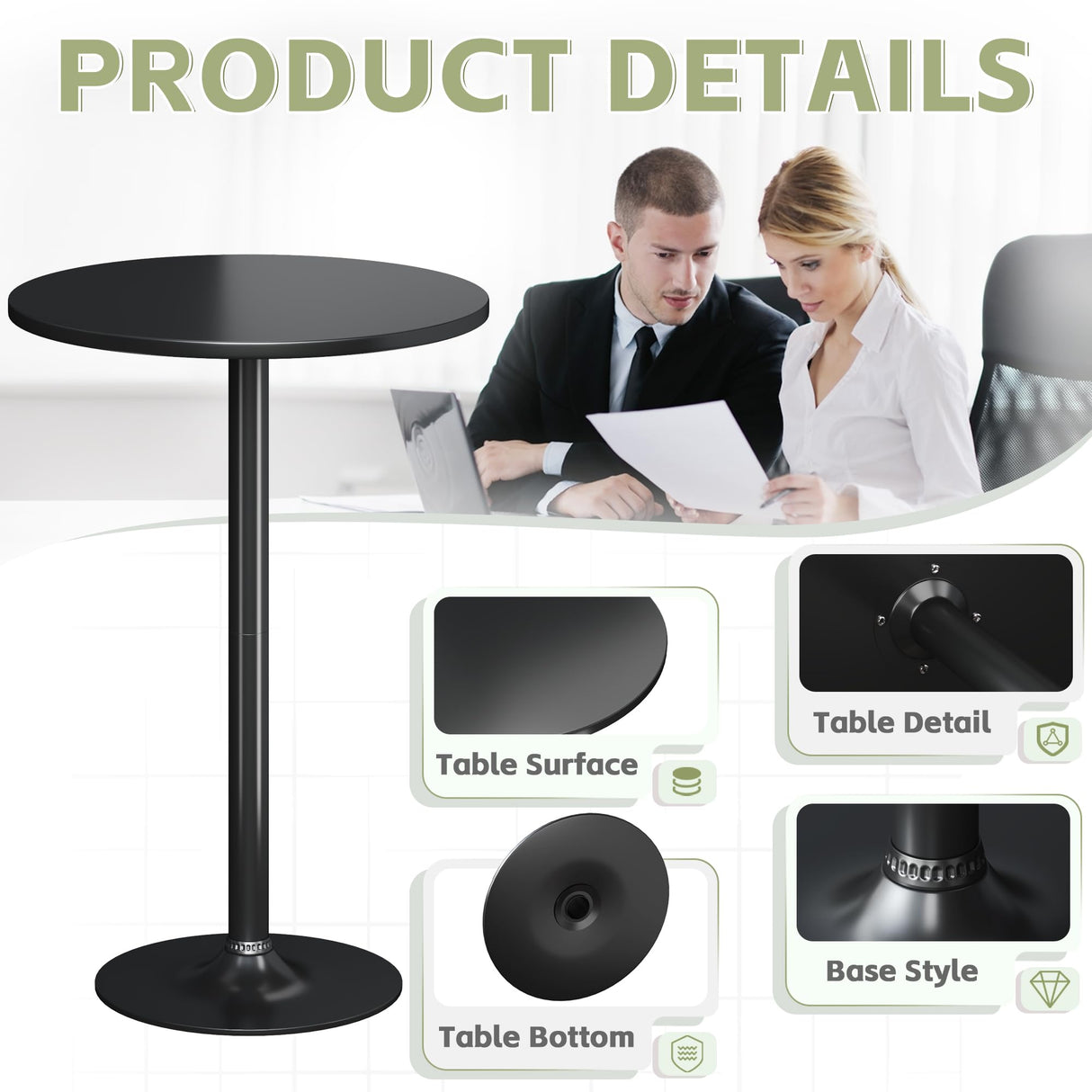 Flamaker Modern Black Round Bistro Pub Table - Stylish Metal Base with MDF Top for Dining and Entertaining Flamaker