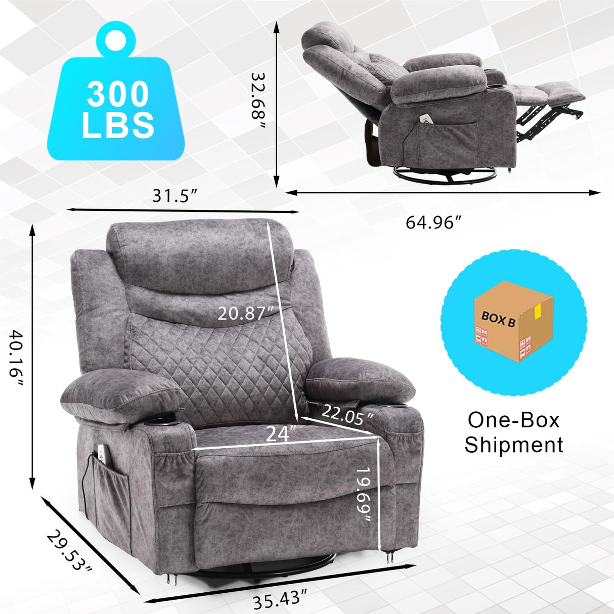 Comermax Power Swivel Rocker Recliner Chair with Massage and Heat, Wide Seat Overstuffed Reclining Chair with Cup Holders USB Port, Fabric Electric Rocking Recliner Glider Chair, Grey Comermax