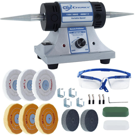 CTISMICE Jewelry Bench Polisher, Adjustable Variable Speed Benchtop Polishing Machine, 450W Buffer Grinder with 8pcs Buffing Wheels, 2pcs Polish Compound, Safety Glasses for Jewelry, Metal, Wood CTISMICE