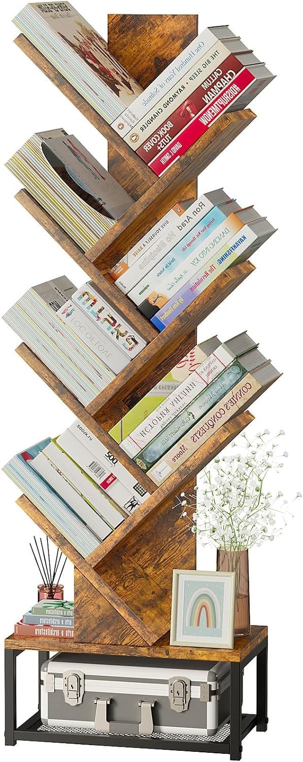 EasyCom Tree Bookshelf Metal Base, 7 Tier Bookcase Storage, Floor Standing Bookshelf Organizer for Movies/CDs/Books, Wood Book Storage Rack for Bedroom/Living Room/Home Office (Brown) EasyCom