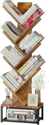 EasyCom Tree Bookshelf Metal Base, 7 Tier Bookcase Storage, Floor Standing Bookshelf Organizer for Movies/CDs/Books, Wood Book Storage Rack for Bedroom/Living Room/Home Office (Brown) EasyCom