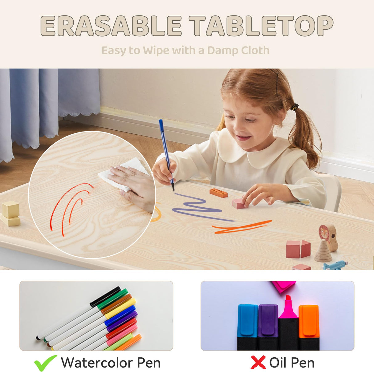 DOREROOM Kids Table and 2 Chairs Set, Height-Adjustable Toddler Table and Chairs Set with Graffiti Desktop, 23.6''L x 23.6''W Children Activity Table for Daycare, Classroom, Home DOREROOM