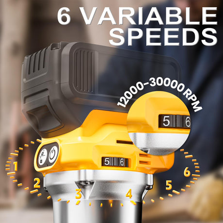 Cordless Compact Router for DeWalt 20V Battery (Bare Tool), 6 Variable Speeds Router Tool for Woodworking, 800W 30,000 RPM Fixed Base Wood Router with Trim Router Bits, Edge & Roller Guide, Dust Hood MtiolHig