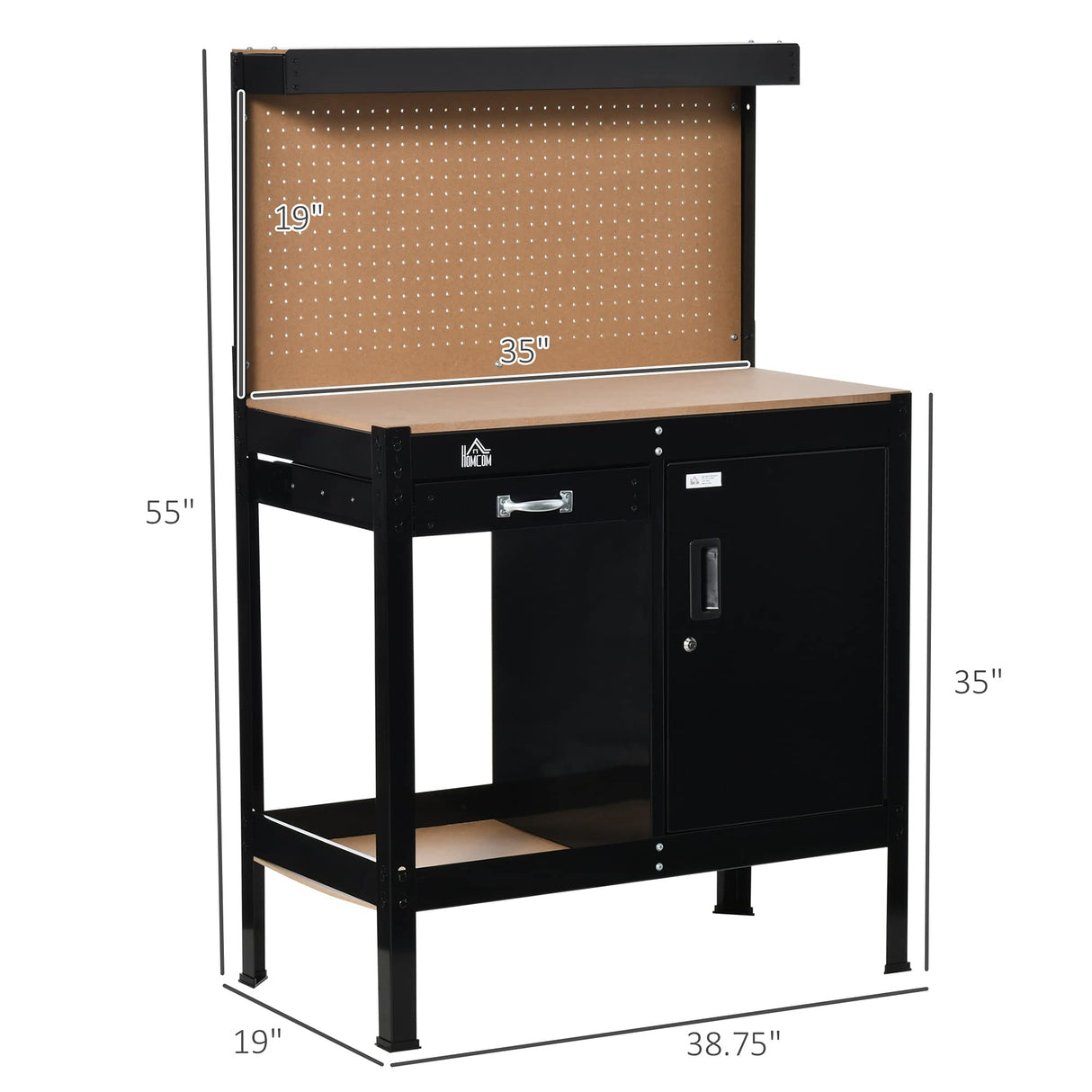 HOMCOM Multipurpose Workbench, Workshop Tool Table with Slide Drawer. Peg Board, Storage Cabinet with Keys HOMCOM