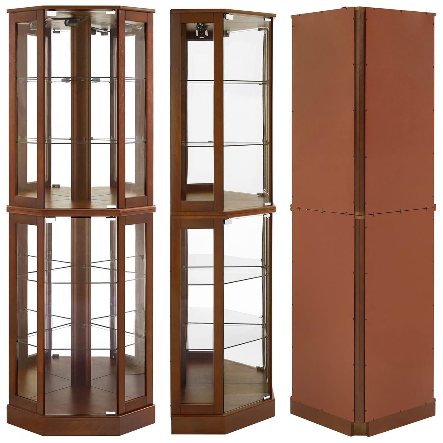 Lighted Curio Cabinet Corner Display Case for Living Room, China Hutch with Tempered Glass Doors and Shelves, Wooden Accent Cabinet, Bar and Liquor Storage Area(E26 light bulb not included) (Walnut)