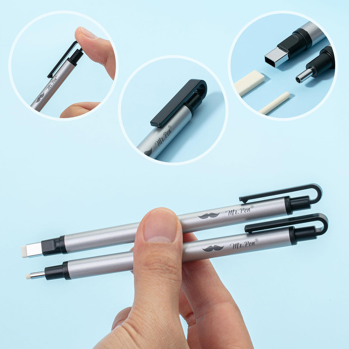 Mr. Pen- Pen Style Eraser, 2 Pack, Square & Round Tip, Eraser Pen Eraser, Pencil Erasers, Eraser Pencil, Back to School Supplies Mr. Pen