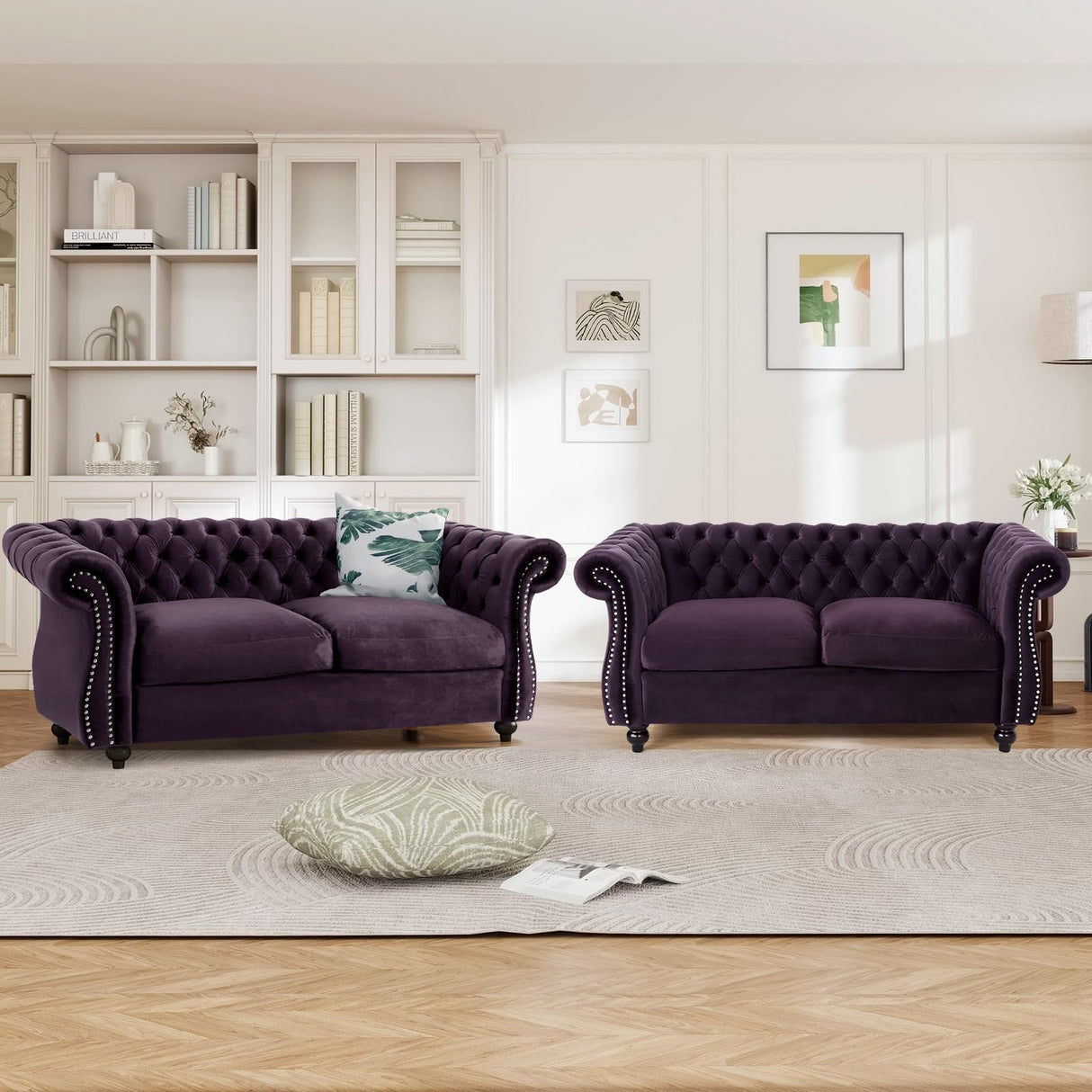 61"W Mid Century Modern Chesterfield Couch,Upholstered Velvet Loveseat Sofa with Button Tufted & Rolled Armrests,Comfy Deep Seat Sofa with Nailhead Trim & Gourd Legs for Living Room,Apartment(Purple) JEEOHEY