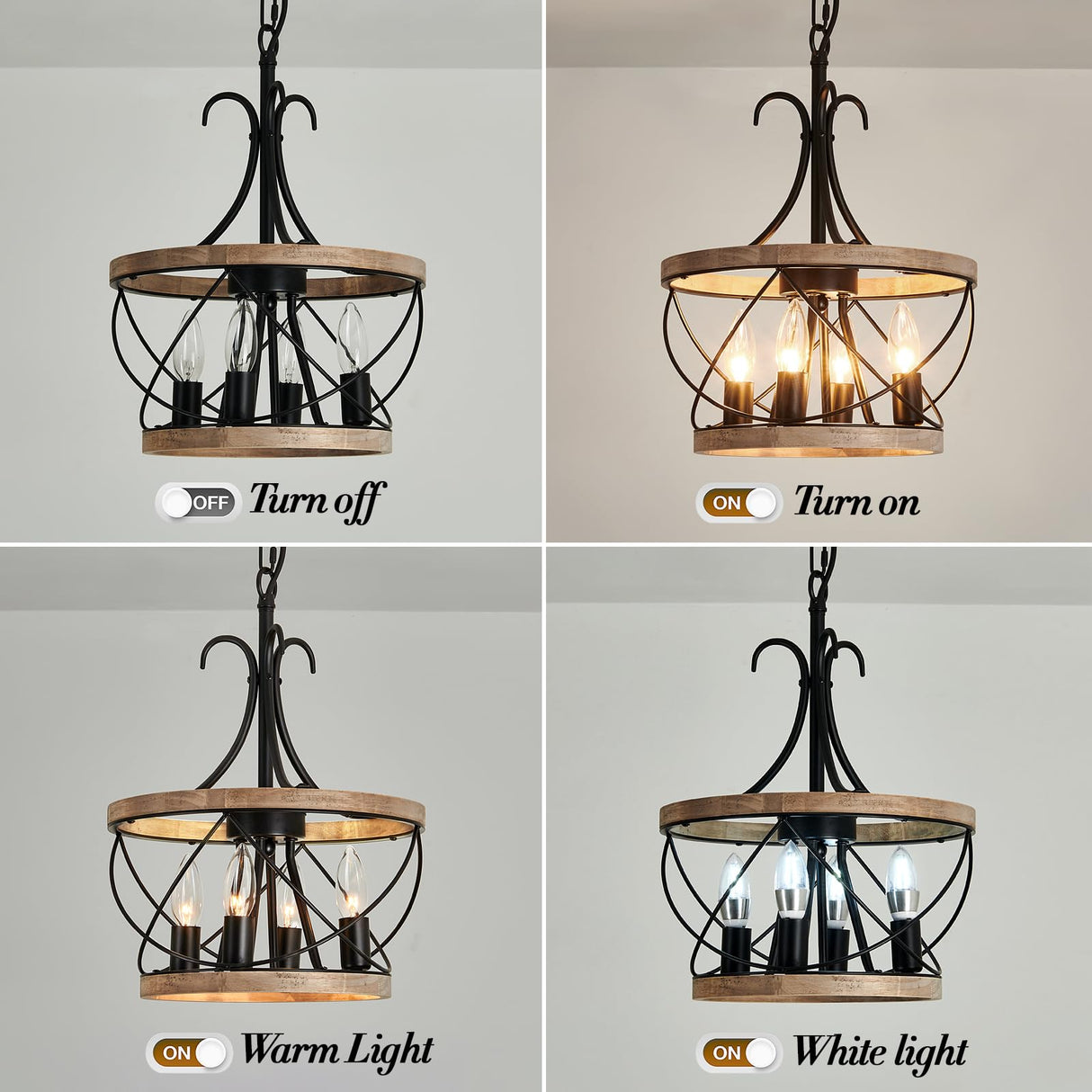 UOFUS 4-Light Farmhouse Wood Chandelier Rustic Drum Hanging Pendant Lighting French Country Industrial Candle Chandelier Light Fixture for Dining Room Kitchen Living Room Entryway Office UOFUS