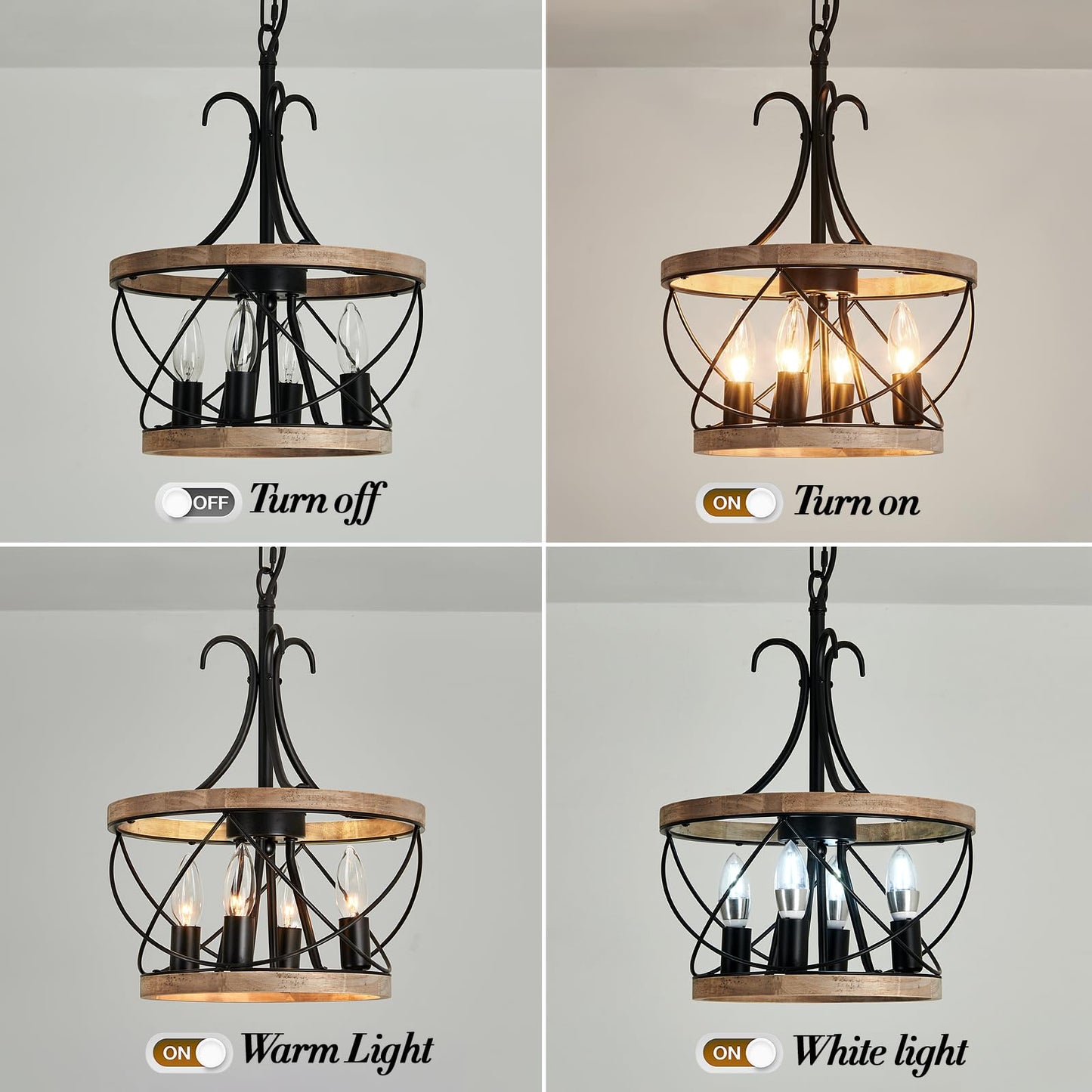 UOFUS 4-Light Farmhouse Wood Chandelier Rustic Drum Hanging Pendant Lighting French Country Industrial Candle Chandelier Light Fixture for Dining Room Kitchen Living Room Entryway Office