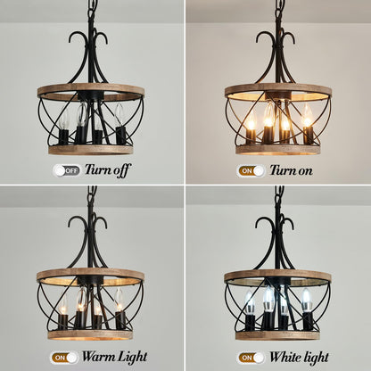 UOFUS 4-Light Farmhouse Wood Chandelier Rustic Drum Hanging Pendant Lighting French Country Industrial Candle Chandelier Light Fixture for Dining Room Kitchen Living Room Entryway Office