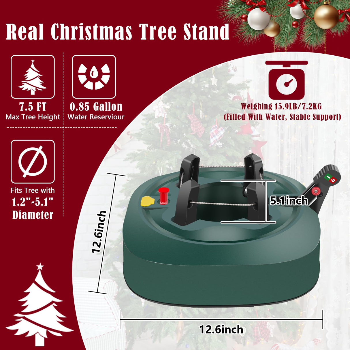 Christmas Tree Stand for Real Trees, Heavy Duty Live Christmas Tree Stand Fits 7.5 Ft Tree with 1.2-5 In Diameter, Easy Setup Christmas Tree Base Holder Stand With Water Level Indicator, Fast Clamp ANGAR