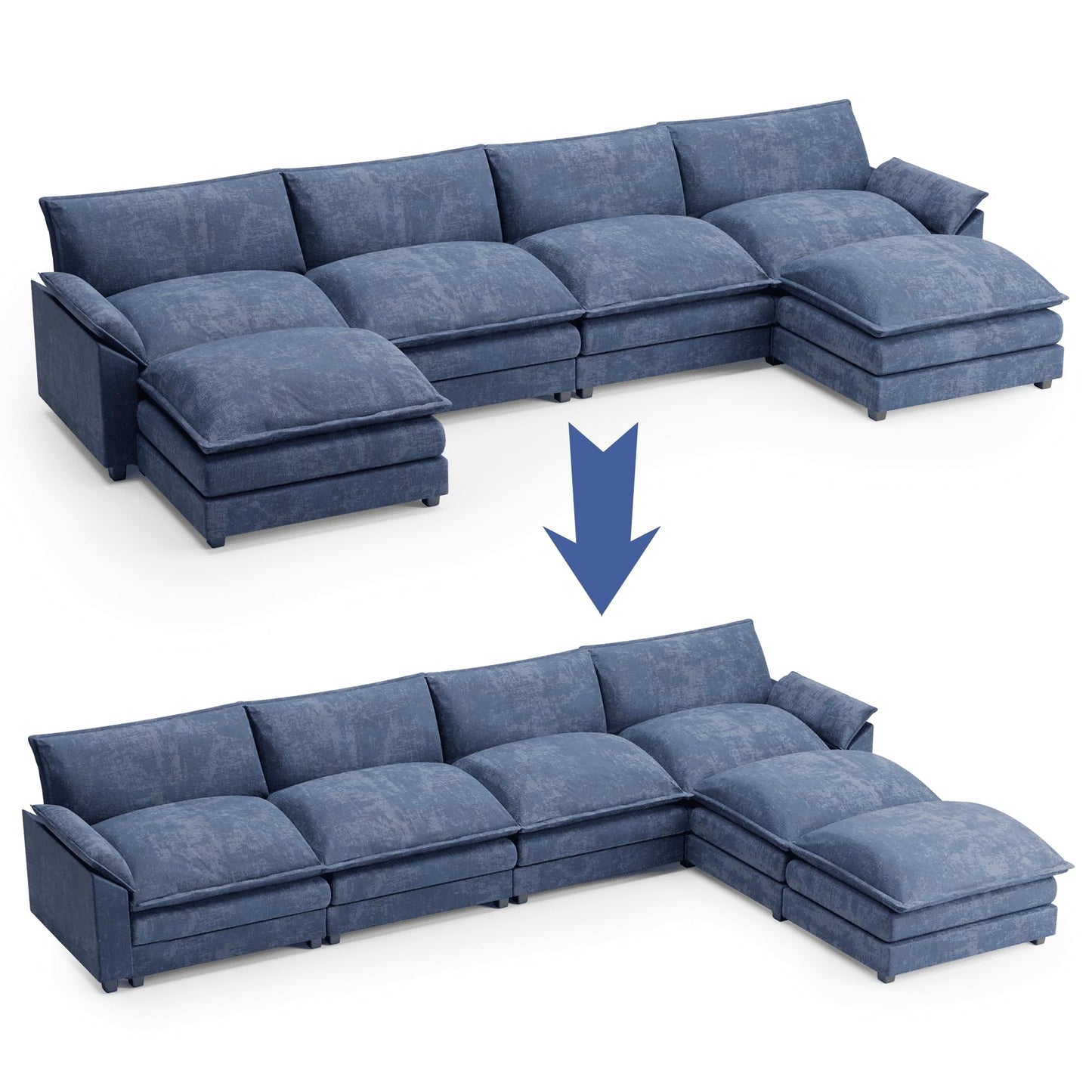 Shahoo Sectional Modular Sofa U Shaped Chenille Fabric Couch with High Supportive & Soft Sponges and Removable Ottoman, Sleeper Comfy Upholstered Furniture for Living Room, Blue