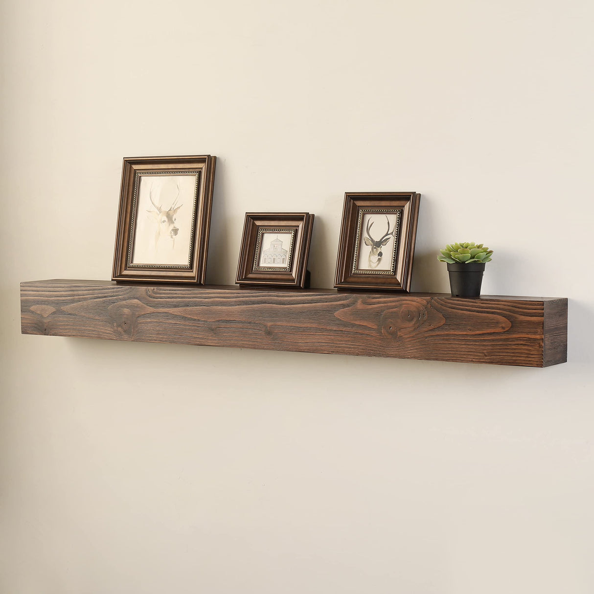WELLAND 60 - Inch Fireplace Mantel Shelf, Real Wood Floating Wall Shelf, Walnut Color, Pinewood WELLAND