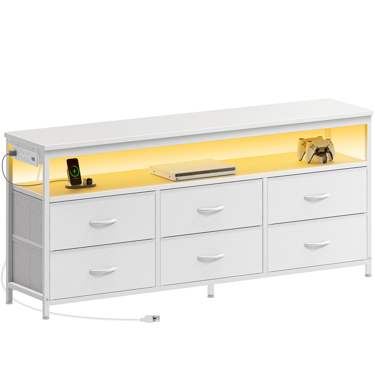 Huuger LED TV Stand for Bedroom, 55 Inch Fabric Dresser with Power Outlets, Entertainment Center for 60, 55, 50 Inch TV, 6 Drawer Dresser for Bedroom, Chest of Drawers with Shlef, PU Leather, White Huuger