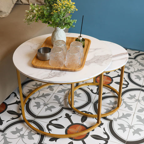 aboxoo Coffee Table Nesting White Set of 2 Side Set Golden Frame Circular Round and Marble Pattern Wooden Tables, Living Room Bedroom Apartment Modern Industrial Simple Nightstand aboxoo
