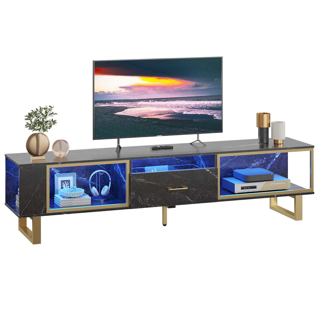 Bestier 80 Inch TV Stand for 65/75/85/90 Inch TVs, LED Gaming Entertainment Center with Open Storage and Half-Glass Design Drawer, Modern High Gloss Media Console for Living Room Bedroom, Black Marble Bestier