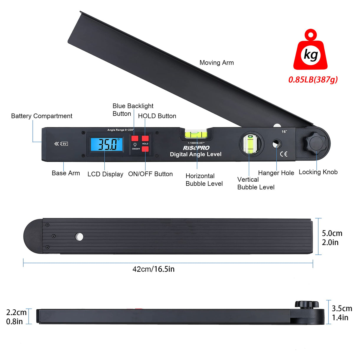 RISEPRO Aluminum Digital Angle Finder Protractor 0-225° 16 Inch Backlit LCD Digital with Horizontal and Vertical Bubble RISEPRO