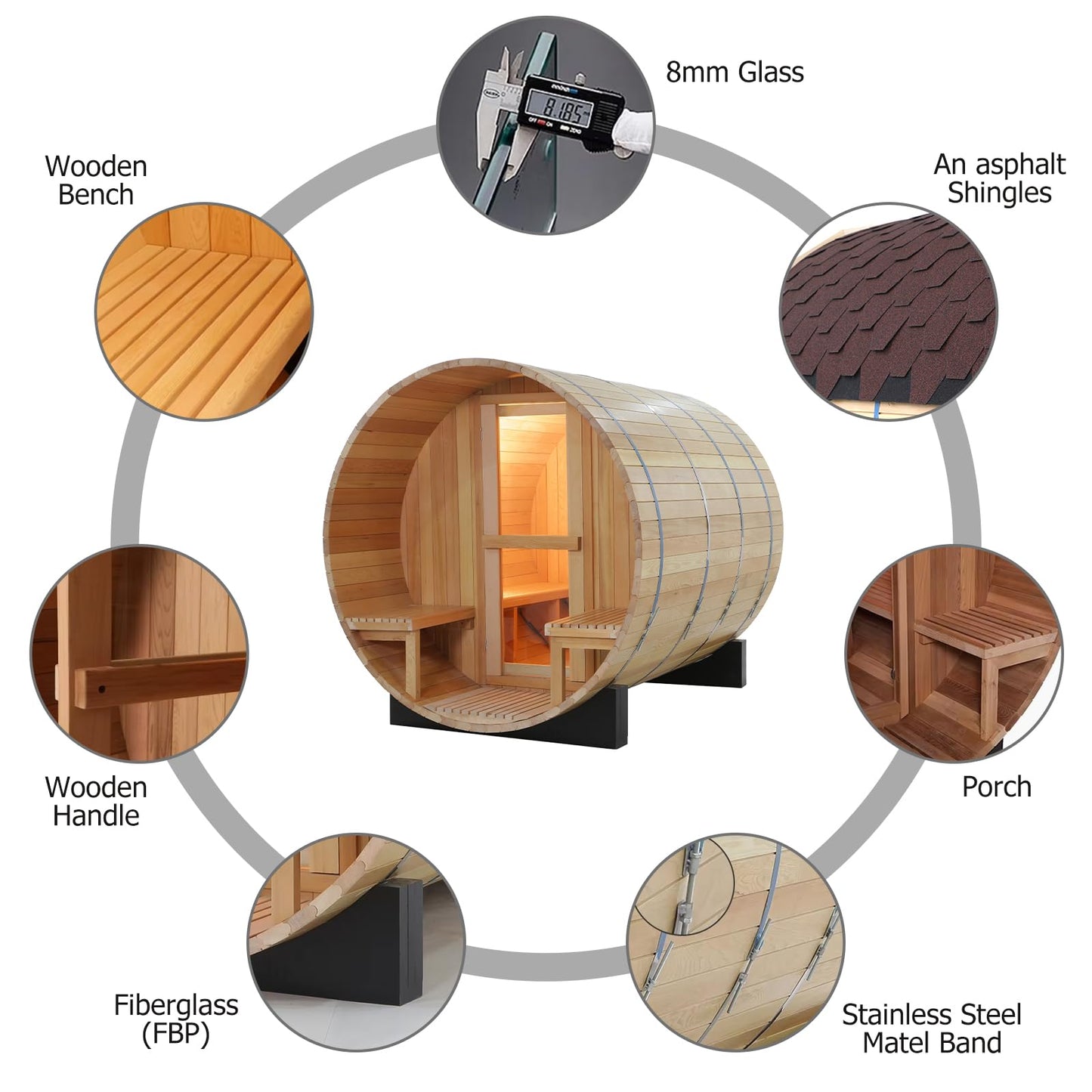 ZONEMEL Indoor and Outdoor Barrel Sauna Room with Porch, Asphalt Shingle Roof, Canadian Hemlock Wood Steam Sauna with 6KW Harvia Heater, Tempered Glass, Mostly for 6 People Sauna Bath - WoodArtSupply