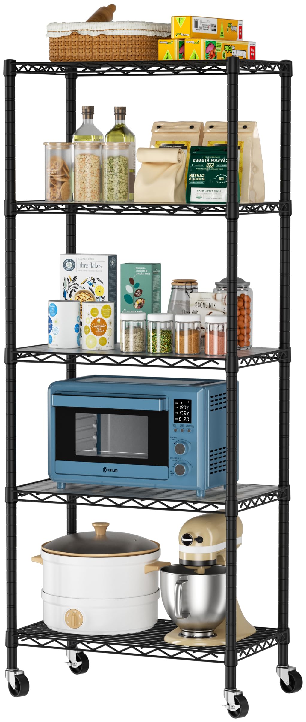 Golpart 5 Tier Shelves Storage Shelf Wire Closet Bathroom Organizers Metal Pantry Kitchen Garage Shelving Unit Laundry Room Organization Home Rack Net Basket Black with Wheels 14”D X 24”W X 61”H Golpart