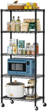 Golpart 5 Tier Shelves Storage Shelf Wire Closet Bathroom Organizers Metal Pantry Kitchen Garage Shelving Unit Laundry Room Organization Home Rack Net Basket Black with Wheels 14”D X 24”W X 61”H Golpart