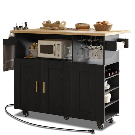 ASTRONAPE Rolling Mobile Kitchen Island Cart with Desktop Drop Leaf Countertop, Island Table Storage with 5 Wheels, Rolling Kitchen Cabinet with Power Socket (Black, with Countertop) ASTRONAPE