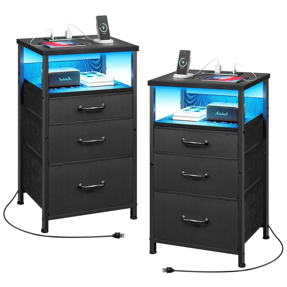 YeTom Nightstand with Charging Station Set of 2, LED Night Stand with 3 Fabric Drawers, Side Table with Open Shelf, End Table with Steel Frame, 3 Drawer Dresser for Bedroom, Black YeTom