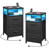 YeTom Nightstand with Charging Station Set of 2, LED Night Stand with 3 Fabric Drawers, Side Table with Open Shelf, End Table with Steel Frame, 3 Drawer Dresser for Bedroom, Black YeTom