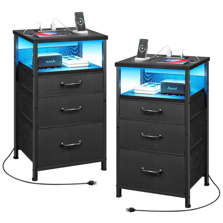 YeTom Nightstand with Charging Station Set of 2, LED Night Stand with 3 Fabric Drawers, Side Table with Open Shelf, End Table with Steel Frame, 3 Drawer Dresser for Bedroom, Black YeTom